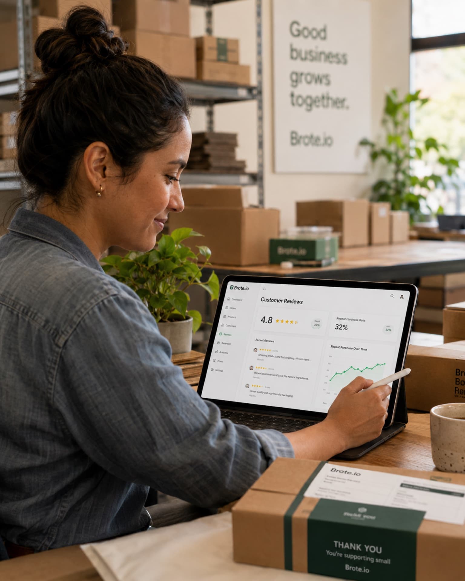 Encargada de un comercio revisando pedidos en una tablet