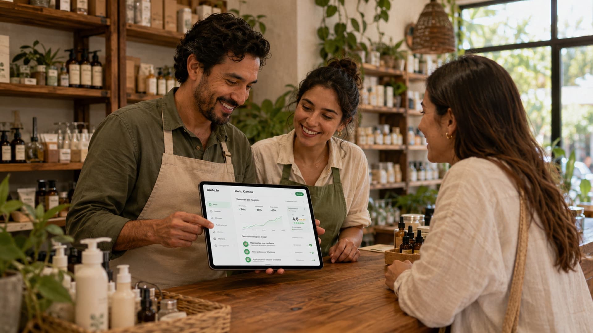 Store owners helping a customer at the counter with a tablet running Brote